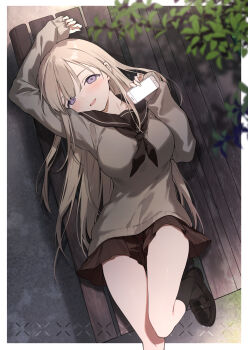 1girl absurdres arm_up black_shoes black_socks blush branch breasts brown_hair brown_neckerchief brown_sailor_collar brown_serafuku brown_skirt cellphone commentary_request foot_out_of_frame from_above fujiyama half-closed_eyes highres holding holding_phone large_breasts loafers long_hair long_sleeves looking_at_viewer lying miniskirt neckerchief on_back on_bench open_mouth original phone pleated_skirt purple_eyes sailor_collar school_uniform serafuku shoes skirt smartphone smile socks solo tented_shirt very_long_hair
