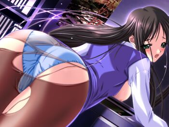 Rule 34 | 1girl, 2000s (style), bent over, black hair, black pantyhose, blue skirt, blue vest, blush, breasts, clothes lift, cowboy shot, from behind, game cg, green eyes, half-closed eye, indoors, kawahara emi, long hair, long sidelocks, looking back, m&amp;m (mickey and mackey), medium breasts, night, nipples, open clothes, open mouth, open shirt, open vest, panties, panties under pantyhose, pantyhose, pencil skirt, photocopier, poster (object), raised inner eyebrows, saishu chikan densha (series), saishuu chikan densha, shirt, sidelocks, skirt, skirt lift, solo, standing, sweat, third-party source, torn clothes, torn pantyhose, underwear, variant set, vest, white panties, white shirt