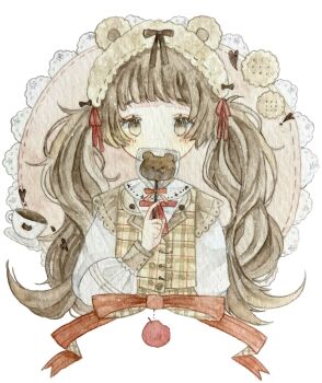 1girl animal_ears aoyagi874 apple bear_ears bear_hat bitten_apple blouse blunt_bangs blush border bow brown_eyes brown_hair buttons candy commentary cookie cup food food_bite frilled_shirt_collar frills fruit hair_bow hair_ribbon hand_up highres holding holding_candy holding_food holding_lollipop lace_background large_bow lollipop long_hair long_sleeves looking_at_viewer neck_ribbon original painting_(medium) pale_skin plaid_clothes puffy_long_sleeves puffy_sleeves red_ribbon ribbon shirt solo straight-on symbol-only_commentary tea teacup traditional_media twintails upper_body watercolor_(medium) white_border