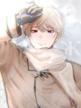 1boy axis_powers_hetalia black_gloves brown_coat chromatic_aberration clenched_hand closed_mouth coat collared_coat day gloves grey_hair hair_between_eyes hand_up highres jake_poto long_sleeves looking_at_viewer looking_up male_focus medal outdoors purple_eyes russia_(hetalia) russian_text scarf short_hair smile snow solo white_scarf winter