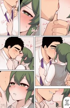Rule 34 | 1boy, 1girl, after kiss, artist name, black hair, blush, close-up, clothes grab, collared shirt, english text, french kiss, grabbing another&#039;s chin, green eyes, green hair, grey vest, hand on another&#039;s chin, hands on another&#039;s chest, heart, heart in eye, hetero, highres, igarashi futaba, kiss, necktie, necktie grab, neckwear grab, notice lines, office lady, panqlao, parted lips, ponytail, purple necktie, right-to-left comic, salaryman, saliva, senpai ga uzai kouhai no hanashi, sepia background, shirt, short hair, sidelocks, simple background, size difference, sleeves rolled up, smile, symbol in eye, takeda harumi, undone necktie, untying, vest, wavy mouth, white shirt