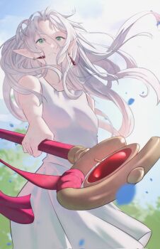 1girl capelet commentary dress earrings elf english_commentary frieren green_eyes highres holding holding_staff jewelry long_hair looking_at_viewer mage_staff messy_hair parted_bangs pointy_ears sleeveless sleeveless_dress sousou_no_frieren staff standing teardrop_earrings twintails vibratix white_dress white_hair