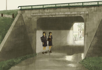 2girls bag black_bag black_hair black_jacket black_skirt blazer bridge brown_bag brown_shoes collared_shirt commentary_request grass grey_sky guard_rail highres holding_strap jacket loafers long_sleeves looking_ahead looking_to_the_side medium_hair monaka_(siromona) multiple_girls neck_ribbon original outdoors overcast pleated_skirt ponytail puddle rain red_ribbon ribbon scenery school_bag school_uniform shirt shoes skirt sky socks standing taking_shelter tree under_bridge white_shirt white_socks wide_shot