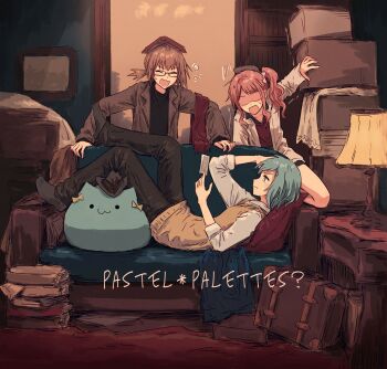 3girls :3 aqua_eyes aqua_hair bang_dream! bang_dream!_girls_band_party! black_hat black_pants black_shirt black_socks book book_on_head book_stack bow brown_hair brown_jacket brown_sweater_vest card closed_eyes closed_mouth collarbone collared_shirt commentary couch feet_up glasses hair_bow hand_on_own_head hat highres hikawa_hina holding holding_card jacket lamp looking_at_object lying maruyama_aya medium_hair multiple_girls no_eyes object_on_head on_back on_couch on_pillow open_mouth pants pink_hair ponytail reading red_pillow red_vest semi-rimless_eyewear shaded_face shirt short_hair side_ponytail socks stuffed_animal stuffed_cat stuffed_toy suitcase sweatdrop sweater_vest trembling under-rim_eyewear v-shaped_eyebrows vest white_jacket white_shirt yamato_maya yukitake_(bullfalk)