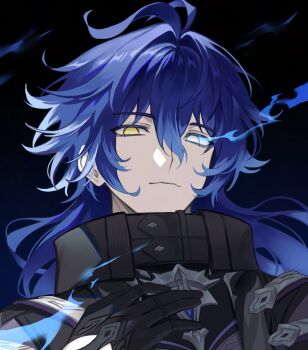 1boy antenna_hair black_gloves blue_fire blue_hair closed_mouth double-parted_bangs fire flins_(genshin_impact) genshin_impact gloves hair_between_eyes hand_on_own_chest hashtag-only_commentary male_focus rio_(rio773) solo yellow_eyes