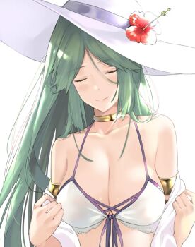 1girl armlet beach bikini bikini_top_only blush breasts cleavage closed_eyes female_focus flower frilled_bikini frills green_hair hat j@ck jewelry kid_icarus large_breasts lily_(flower) long_hair neck_ring nintendo palutena parted_bangs simple_background smile solo super_smash_bros. swept_bangs swimsuit very_long_hair white_background white_bikini