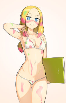 absurdres bare_shoulders bikini bikini_tug blue_eyes blush bodypaint book breasts collarbone cowboy_shot forehead highres holding holding_book long_hair looking_at_viewer lowleg lowleg_bikini medium_breasts micro_bikini mina_(pokemon) navel nintendo nisetanaka paint_on_body paint_on_clothes paint_splatter paint_splatter_on_face pokemon pokemon_sm smile standing swimsuit white_bikini