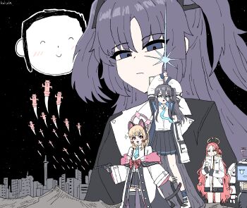 1boy 4girls absurdly_long_hair absurdres animal_ear_headphones animal_ears aqua_halo aris_(blue_archive) black_hair black_skirt black_thighhighs blonde_hair blue_archive blue_lightsaber blue_necktie cat_ear_headphones cat_ears cat_tail doodle_sensei_(blue_archive) energy_sword fake_animal_ears fake_tail hair_between_eyes hair_ornament halo haniwa_(statue) headphones highres holding holding_weapon jacket kai_xin kei_(amas)_(blue_archive) lightsaber long_hair long_hair_between_eyes long_sleeves miniskirt momoi_(blue_archive) multiple_girls necktie non-humanoid_robot one_side_up parody pink_eyes pink_halo pleated_skirt purple_eyes purple_hair rectangular_halo red_hair robot sensei_(blue_archive) short_hair skirt smile star_wars star_wars:_a_new_hope sword tail thighhighs triangle_hair_ornament two_side_up very_long_hair weapon white_jacket yellow_halo yuuka_(blue_archive) yuzu_(blue_archive)