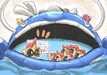 Rule 34 | commentary request, dondozo, highres, kicdon, meeting, nintendo, no humans, notice lines, open mouth, outline, pokemon, pokemon (creature), pokemon focus, tatsugiri, tatsugiri (curly), tatsugiri (droopy), tatsugiri (stretchy), titan pokemon, white outline, whiteboard