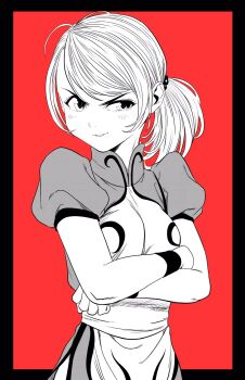 1girl antenna_hair breasts china_dress chinese_clothes commentary_request crossed_arms dress greyscale_with_colored_background highres lee_(dragon_garou) light_blush original ponytail puffy_short_sleeves puffy_sleeves red_background short_sleeves side_slit small_breasts smile solo upper_body v-shaped_eyebrows wristband