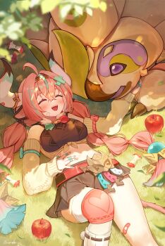 1girl :d ^_^ absurdres ahoge amaneko_(amaneko_y) animal_ears apple bare_shoulders black_skirt blush closed_eyes commentary_request cow_ears cow_girl cow_horns crop_top day detached_sleeves food fruit genshin_impact hair_between_eyes highres horns long_hair long_sleeves lying navel on_back on_grass open_mouth outdoors pink_hair single_thighhigh skirt smile solo stomach tatankasaurus_(genshin_impact) teeth thighhighs upper_teeth_only varesa_(genshin_impact) very_long_hair yellow_sleeves