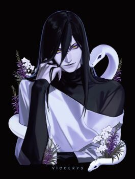 1boy androgynous artist_name black_background black_hair colored_skin commentary eyeliner flower flower_request long_hair makeup male_focus naruto_(series) orochimaru_(naruto) purple_eyeliner purple_flower slit_pupils snake solo symbol-only_commentary upper_body viccerys white_flower white_skin white_snake yellow_eyes