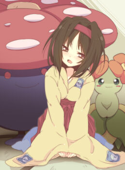 00s 1girl bellossom black_hair blush breasts erika_(pokemon) gen_1_pokemon gen_2_pokemon gym_leader hairband indoors japanese_clothes kimono medium_breasts messy_hair nakamura_sandayo nintendo open_mouth pokemon pokemon_(creature) pokemon_frlg short_hair sitting vileplume