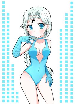 Rule 34 | 1girl, bare shoulders, beruche (sailor moon), bishoujo senshi sailor moon, bishoujo senshi sailor moon r, blue eyes, blue leotard, braid, breasts, choker, collarbone, commentary, covered navel, crescent, crescent facial mark, earrings, facial mark, forehead mark, gloves, hand up, highres, jewelry, leotard, long hair, looking at viewer, medium breasts, ouba reiya, silver hair, single braid, solo, standing