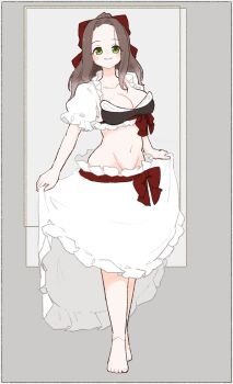 Rule 34 | 1girl, barefoot, blush, bow, breasts, brown hair, cleavage, closed mouth, clothes pull, forehead, frilled shirt, frills, full body, green eyes, grey background, groin, hair bow, highres, inset border, large breasts, long hair, looking at viewer, navel, olto rondo, original, red bow, shirt, short sleeves, skirt, skirt pull, smile, solo, standing, stomach, white shirt, white skirt