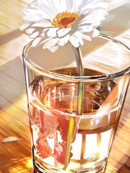 1boy 1girl absurdres blonde_hair chainsaw_man closed_eyes denji_(chainsaw_man) flower glass highres looking_at_another necktie open_mouth parted_bangs reflection reflective_liquid reze_(chainsaw_man) segami shirt table water white_flower white_shirt