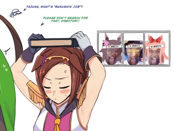 Rule 34 | 1boy, 5girls, agnes digital (umamusume), akikawa yayoi (umamusume), anger vein, animal ears, armpits, arms up, asymmetrical gloves, book, epaulettes, forehead, gloves, gold hairband, hairband, hands on own head, hayakawa tazuna, headband, highres, holding, holding book, horse ears, horse girl, johnholl0w, mismatched gloves, multiple girls, ponytail, sakura bakushin o (blossom in learning) (umamusume), sakura bakushin o (umamusume), sakura chiyono o (umamusume), sleeveless, sleeveless jacket, trainer (umamusume), umamusume, white background, white headband