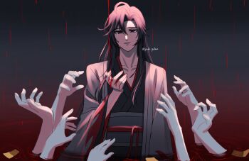 Rule 34 | 1boy, absurdres, ahoge, black eyes, black hair, black hanfu, black sash, blood, blood on clothes, blood on face, blood on hands, chinese clothes, coat, collarbone, commentary request, crying, crying with eyes open, disembodied hand, dripping, grey coat, hair between eyes, hair down, hair ribbon, half updo, hanfu, highres, long hair, long sleeves, looking at viewer, male focus, modao zushi, official alternate costume, official alternate hairstyle, ofuda, open clothes, open coat, parted bangs, parted lips, partially submerged, pool of blood, red ribbon, red sash, ribbon, robe, sash, sidelocks, solo focus, surrounded by hands, talisman, tears, twitter username, upper body, water, wei wuxian, wei wuxian (yiling laozu), wide sleeves, yudo yehua