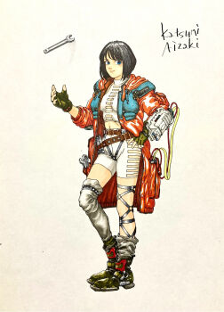 Rule 34 | 1990s (style), 1girl, aizaki katsumi, artist name, black hair, blue eyes, breasts, closed mouth, colorized, commentary request, fingerless gloves, full body, giten megami tensei: tokyo mokushiroku, gloves, highres, kirishima emi, looking at viewer, marker (medium), megami tensei, official art, retro artstyle, shin megami tensei, short hair, simple background, smile, solo, traditional media, white background, wrench