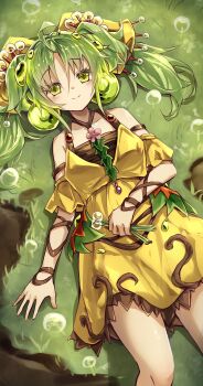 Rule 34 | 1girl, absurdres, ahoge, blush, closed mouth, clothes lift, collarbone, commentary request, dress, dress lift, duel monster, flower, green eyes, green hair, hair between eyes, highres, holding, holding flower, kanzakietc, long hair, lying, monster girl, off shoulder, open mouth, pink flower, plant girl, smile, solo, thighs, traptrix sera, twintails, yellow dress, yu-gi-oh!