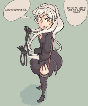 2b_(nier:automata) blindfold breasts cleavage cosplay costume_switch davewaterfalls dress female_robin_(fire_emblem) fire_emblem fire_emblem_awakening nier:automata nier_(series) nintendo speech_bubble sweat twintails white_hair yellow_eyes