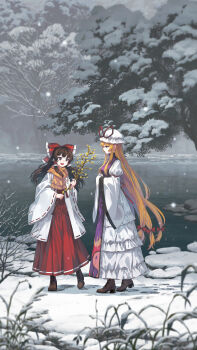 2girls :d absurdres banjie bare_tree blonde_hair boots bow branch brown_boots brown_hair chihaya_(clothing) chinese_commentary closed_mouth commentary commentary_request dress flower footprints frilled_bow frilled_hair_tubes frills frozen_lake hair_bow hair_tubes hakama hakurei_reimu hands_in_opposite_sleeves hat hat_ribbon highres holding holding_branch japanese_clothes lace-up_boots long_hair long_sleeves mob_cap multiple_girls open_mouth orange_scarf outdoors purple_eyes purple_tabard red_bow red_hakama red_ribbon ribbon ribbon-trimmed_sleeves ribbon_trim scarf smile snow snowing standing tabard touhou tree very_long_hair white_dress white_hat wide_sleeves winter yakumo_yukari yellow_flower yin_yang yin_yang_print