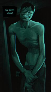 Rule 34 | 1boy, bilingual commentary, black hair, collarbone, commentary, commentary request, creepy, dark, emaciated, english commentary, evil grin, evil smile, grin, hand on own wrist, highres, horror (theme), intruder (no i'm not a human), large hands, lazya, male focus, mixed-language commentary, night vision, no i'm not a human, ribs, russian commentary, russian text, short hair, smile, solo, standing, tall male, topless male, translation request