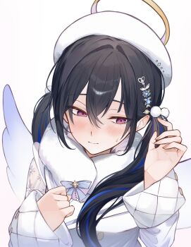 1girl adjusting_hair angel_wings beret black_hair blue_hair blush closed_mouth dress fur_scarf hair_between_eyes hair_ornament half-closed_eyes halo hat highres ichinose_uruha ichinose_uruha_(7th_costume) long_hair long_sleeves looking_to_the_side lupinus_virtual_games multicolored_hair pa_factory pom_pom_(clothes) pom_pom_hair_ornament purple_eyes simple_background solo streaked_hair sweatdrop twintails upper_body virtual_youtuber vspo! white_background white_dress wings