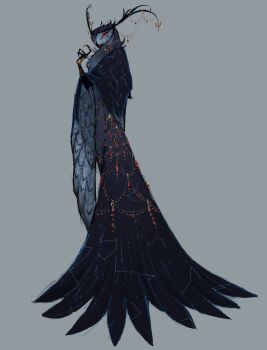 1boy bird_boy black_feathers bracelet constellation crispymiilk demon_boy feathers furry gem gold gold_bracelet gold_trim hellaverse helluva_boss highres jewelry looking_at_viewer red_gemstone solo stolas_(helluva_boss)