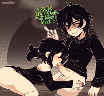 1boy 1girl absurdres andrew_graves ashley_graves ass black_hair black_panties black_shirt black_sweater blush bra_strap brother_and_sister cherrypix choker english_text erection fellatio green_eyes heart hetero highres incest long_sleeves oral panties penis ponytail shirt siblings simple_background sweater testicles the_coffin_of_andy_and_leyley thighs tongue tongue_out underwear