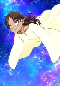 1girl bindi brown_eyes brown_hair cosplay dark-skinned_female dark_skin dress galaxy gundam gundam_gquuuuuux hair_bun highres kantai_collection lalah_sune lalah_sune_(cosplay) long_hair mobile_suit_gundam nekotarou_(nktr299) parted_bangs skin_color_connection solo thonburi_(kancolle) yellow_dress