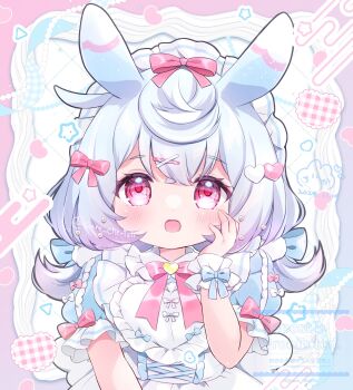 1girl animal_ears artist_request blue_bow blush bow bowtie chiika_(cure_cherish) commentary_request dated fingernails frilled_hairband frilled_wrist_cuffs frills genshin_impact gradient_sleeves hair_bow hair_ornament hairband hairclip hand_on_own_face hand_up highres looking_at_viewer open_mouth pink_hair red_bow red_bowtie red_eyes short_sleeves sigewinne_(genshin_impact) signature solo upper_body white_bow white_hair white_hairband white_wrist_cuffs wrist_cuffs