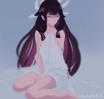 Rule 34 | 1girl, bare shoulders, bed sheet, columbina (genshin impact), commentary, covered erect nipples, genshin impact, hair ornament, highres, katalashka, looking to the side, naked sheet, original, purple eyes, purple hair, sheet grab