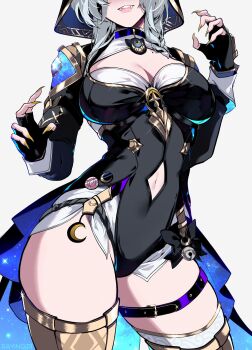 1girl bell breasts buckle choker cipher_(honkai:_star_rail) cleavage clothing_cutout coattails coin commentary crescent fangs fingerless_gloves fingernails gloves grey_hair highres honkai:_star_rail honkai_(series) hood large_breasts leotard mole navel_cutout rayingiri sharp_fingernails sparkle tailcoat thick_thighs thigh_strap thighhighs thighs untranslatable_commentary white_background yellow_nails