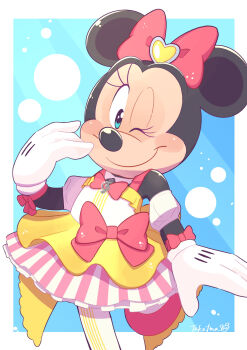 1girl adapted_costume alternate_costume animal_ears bow dress gamorangetana gloves hair_bow highres looking_at_viewer mickey_mouse_&amp;_friends minnie_mouse mouse_girl pink_bow smile solo white_gloves