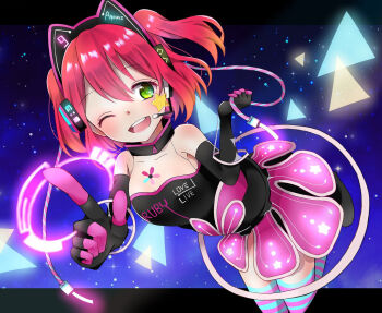 1girl 2111371_19 animal_ear_headphones animal_ears aqua_eyes artist_name artist_request bare_shoulders black_gloves black_shirt blush breasts cat_ear_headphones cat_ears cleavage collarbone cyber fake_animal_ears female_focus fingerless_gloves gloves headphones highres kurosawa_ruby looking_at_viewer love_live! love_live!_school_idol_festival love_live!_sunshine!! night one_eye_closed pink_skirt red_hair shirt shoes short_hair skirt sky solo star_(symbol) star_tattoo striped_legwear tattoo twintails