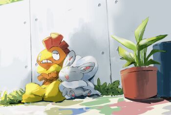 :d black_eyes cinccino closed_eyes day etsuko_pkmn gen_5_pokemon highres nintendo no_humans open_mouth outdoors plant pokemon pokemon_(creature) pokemon_focus potted_plant scrafty sitting smile teeth