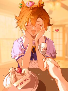 2girls absurdres animal_ears blush bow bowtie cake cake_slice closed_eyes commentary crown facing_viewer food fruit hair_between_eyes head_rest heart highres holding holding_plate holding_spoon horse_ears horse_girl john_uma meisho_doto_(umamusume) mini_crown multiple_girls open_mouth orange_hair pink_crown plate puffy_short_sleeves puffy_sleeves purple_bow purple_bowtie purple_shirt sailor_collar sailor_shirt school_uniform shirt short_hair short_sleeves smile spoon strawberry t.m._opera_o_(umamusume) tracen_school_uniform umamusume white_sailor_collar