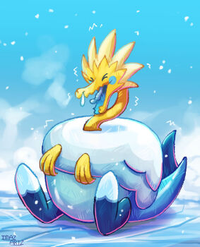 Rule 34 | > <, arctozolt, artist name, blue sky, blue tongue, closed eyes, cold, colored tongue, commentary, day, english commentary, full body, gen 8 pokemon, ice, imazartz, nintendo, no humans, open mouth, outdoors, pokemon, pokemon (creature), pokemon focus, sitting, sky, snot, snowing, solo, tongue, trembling