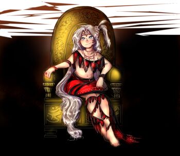 1girl beads blue_eyes bracelet breasts jewelry long_hair muutzi nipple_slip nipples parody shinki_(touhou) siddham sitting small_breasts smile throne touhou touhou_(pc-98) very_long_hair white_hair yin_yang
