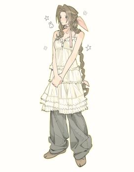 1girl aerith_gainsborough alternate_costume bare_arms bare_shoulders braid braided_ponytail breasts brown_hair brown_socks casual dress final_fantasy final_fantasy_vii full_body grey_pants hair_ribbon highres light_blush long_hair medium_breasts mmmckayyy own_hands_together pants pants_under_dress parted_bangs pink_ribbon rabbit ribbon single_braid sleeveless sleeveless_dress socks solo standing sundress tabi white_background white_dress