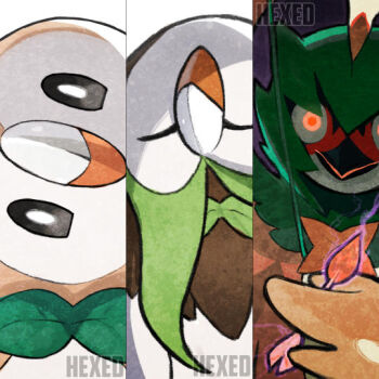 arrow_(projectile) aura beak bird bow bow_(weapon) bowtie brown_feathers capelet closed_eyes column_lineup dark_aura dartrix decidueye drawing_bow evolutionary_line facing_viewer feathers gen_7_pokemon glowing glowing_eyes green_bow green_bowtie green_capelet green_hood head_tilt holding holding_arrow holding_bow_(weapon) holding_weapon hood hood_up looking_at_viewer nintendo no_humans owl pokemon pokemon_(creature) pokemon_focus rae_(hexedwithluck) rowlet weapon white_feathers