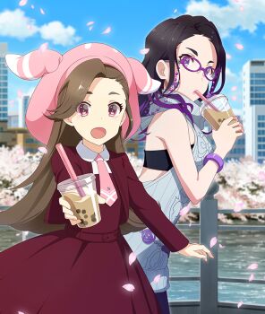 2girls :d animal_ears aran_sweater arisugawa_reika backless_outfit backless_sweater black_bra black_hair blue_pants blue_sky blue_sweater bra bracelet brown_hair bubble_tea building cable_knit cherry_blossoms cityscape cloud cowboy_shot cup day disposable_cup dot_nose dress drinking drinking_straw drinking_straw_in_mouth eyewear_strap fake_animal_ears falling_petals forehead game_cg gems_company glasses hat hat_with_ears holding holding_cup incoming_drink jewelry long_hair long_sleeves looking_at_viewer looking_to_the_side multiple_girls naninu_nene necktie official_art open_mouth outdoors pants petals pink_eyes pink_hat pink_lips pink_necktie pink_petals purple-framed_eyewear purple_eyes railing red_dress river sidelocks sky smile sweater third-party_source toji_no_miko toji_no_miko:_kizamishi_issen_no_tomoshibi turtleneck turtleneck_sweater underwear virtual_youtuber