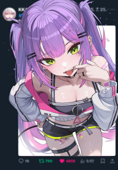 Rule 34 | 1girl, absurdres, bandaid, bandaid on shoulder, bandaid on wrist, belt, bibi (tokoyami towa), black choker, black shorts, black tank top, blurry, blurry background, blush, breasts, choker, cleavage, collarbone, commentary, ear piercing, earclip, fang, fingernails, fishnet thighhighs, fishnets, green eyes, hair ornament, hairclip, heart, heart tattoo, highres, hololive, jacket, kkato, leaning forward, leg tattoo, legwear garter, long hair, long sleeves, medium breasts, midriff, mouth pull, multicolored hair, multicolored jacket, nail polish, o-ring, o-ring choker, open mouth, piercing, pink hair, pink jacket, pink nails, purple hair, shorts, single legwear garter, solo, streaked hair, tank top, tattoo, teeth, thighhighs, thighs, tokoyami towa, tokoyami towa (1st costume), tongue, tongue out, twintails, twitter, two-tone hair, two-tone jacket, virtual youtuber, white belt, white jacket