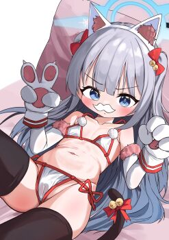 1girl animal_ear_fluff animal_ears bed bikini black_tail black_thighhighs blue_archive blue_hair blush bow cat_ears cat_paws cat_tail cherino_(blue_archive) closed_mouth fake_animal_ears fake_facial_hair fake_mustache fake_paws fake_tail hair_bow halo highres led_winter loli long_hair looking_at_viewer multicolored_bikini navel pelvic_curtain pillow red_bow swimsuit tail tail_bow tail_ornament thighhighs v white_hair white_mustache