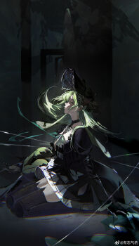 1girl absurdres animal_ears arknights bang_dream! bang_dream!_it&#039;s_mygo!!!!! black_background black_bonnet black_choker black_dress black_thighhighs bonnet chinese_commentary choker closed_mouth commentary_request dress floating_hair floppy_ears from_side full_body gothic_lolita green_hair highres lolita_fashion long_hair long_sleeves profile puppet_strings rabbit_ears rabbit_girl sidelocks sitting solo thighhighs wakaba_mutsumi wakaba_mutsumi_(marionette&#039;s_id) watermark weibo_watermark yellow_eyes you_zhiqi_de