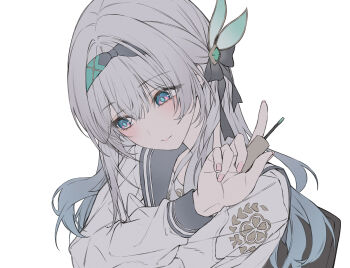 Rule 34 | 1girl, aqua eyes, bad id, bad twitter id, black bow, black hairband, bow, closed mouth, fingernails, firefly (honkai: star rail), firefly (spring missive) (honkai: star rail), gradient hair, grey hair, grey sailor collar, hair bow, hairband, highres, holding, holding brush, honkai: star rail, honkai (series), long hair, multicolored eyes, multicolored hair, nail polish brush, neon (pixiv 31150749), portrait, purple eyes, sailor collar, school uniform, serafuku, shirt, simple background, solo, two-tone eyes, unfinished, white background, white shirt