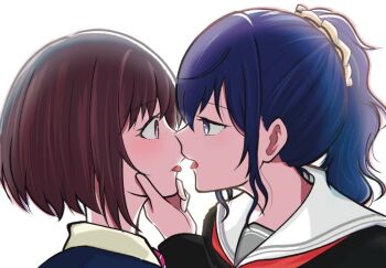 Rule 34 | 2girls, asahina mafuyu, brown eyes, brown hair, commentary request, eye contact, hand on another's face, imminent kiss, long hair, looking at another, multiple girls, ponytail, project sekai, purple eyes, purple hair, sailor collar, shinonome ena, short hair, simple background, tongue, tongue out, torakwok, white background, white sailor collar, yuri