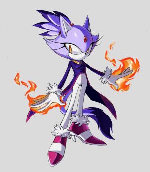 1girl animal_ears blaze_the_cat cat_ears cat_girl cat_tail fire forehead_jewel fur-trimmed_gloves fur-trimmed_shoes fur_trim furry furry_female gloves grey_background high_heels highres pink_shoes purple_fur shoes simple_background sonic_(series) tail white_gloves wvcyclone yellow_eyes