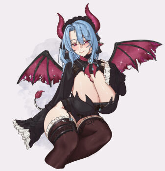 Rule 34 | 1girl, alternate costume, animal ears, black leotard, black shrug, blue hair, blush, braid, breasts, brown thighhighs, commentary, cow ears, cow girl, cow tail, demon girl, demon horns, frilled hairband, frilled sleeves, frills, garter belt, hairband, highres, horns, huge breasts, indie virtual youtuber, jewelry, lace, leaning to the side, leotard, lolita hairband, long hair, long sleeves, miilkywayz, mole, mole under mouth, necklace, parted bangs, purple eyes, purple horns, purple wings, shrug (clothing), sitting, siusiuvan, tail, thighhighs, torn wings, virtual youtuber, wide sleeves, wings